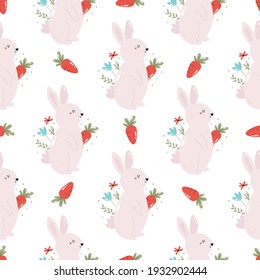 Seamless pattern with cute rabbits and carrots. Easter holiday decoration, wallpaper