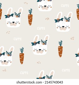Seamless pattern with cute rabbits and carrots. Childish pastel print. Vector hand drawn illustration.