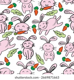 Seamless pattern with cute rabbits and carrots. Vector illustration.