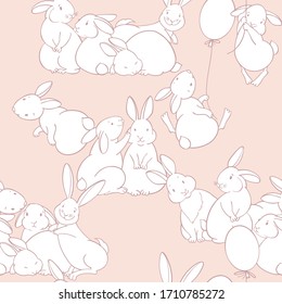 Seamless pattern with cute rabbits. Cartoon vector illustration. Animal background.