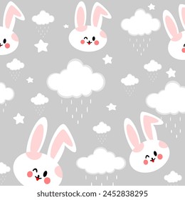 Seamless pattern with cute rabbits cartoon, cloud, rainy and sky  on pastel gray color background for gift, wallpaper and print so cute.