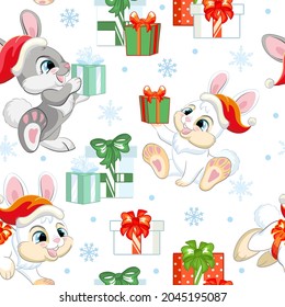 Patrón sin foco con un bonito personaje de conejo, regalos y copos de nieve. Concepto de Navidad de invierno. Ilustración vectorial aislada en fondo blanco. Diseño, impresión, decoración, papel pintado, lino, textil