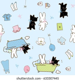 Seamless pattern with cute Rabbits and dogs. Vector background for kids.