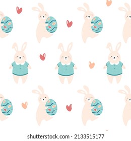Seamless pattern with cute rabbits and Easter eggs. Vector illustration for prints, fabrics, wallpapers.