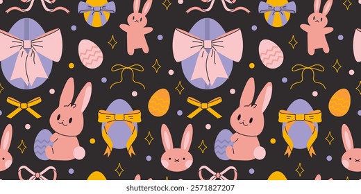 Seamless pattern with cute rabbits, Easter eggs, bows and stars. Traditional holiday decor. Trendy modern vector illustration on black background, hand drawn, flat design