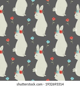 Seamless pattern with cute rabbits in floral wreaths. Easter holiday decoration, wallpaper