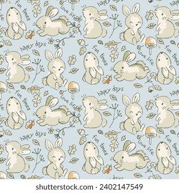 Seamless pattern with cute rabbits, flower and leaves typography. Hand Drawn vector illustration.