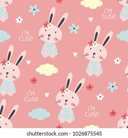 Seamless pattern with cute rabbits and flowers for scrapbook paper, wrapping paper