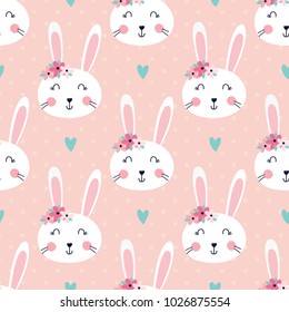 Seamless pattern with cute rabbits and flowers for scrapbook paper, wrapping paper