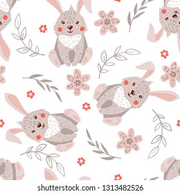 Seamless pattern with cute rabbits and flowers isolated on white.Baby shower background.Nursery concept.Design element for fabric,textile,wallpaper,prints,scrapbooking or others.Vector illustration.