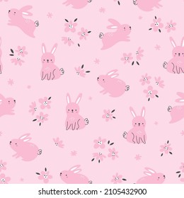 Seamless pattern with cute rabbits and flowers on a light pink background in vector. Perfect for textile, wallpaper or print design.