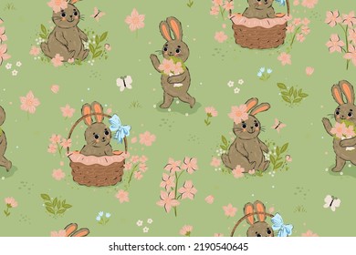 Seamless pattern with cute rabbits and flowers. Vector graphics.