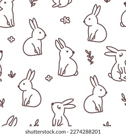 Seamless pattern with cute rabbits and flowers on a white background in line style. Hand drawn illustration with bunnies for kids apparel fabric wrapping paper or print