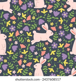Seamless pattern of cute rabbits and flowers on dark green background. Template for postcard, card, print, wallpaper. Vector illustration