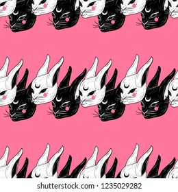 Seamless pattern with cute rabbits. Gothic dark trendy style.