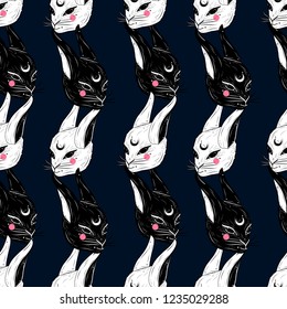 Seamless pattern with cute rabbits. Gothic dark trendy style.