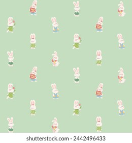 Seamless pattern with cute rabbits. Green background with bunny characters for wrapping paper, wallpapers, package, fabric, valentines day decor, easter, Birthday invitation cards. Vector.