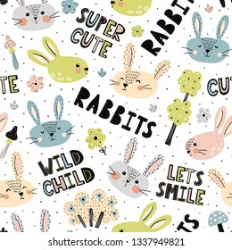 Seamless pattern with cute rabbits and hand drawn lettering. Vector illustration