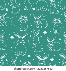 Seamless pattern with cute rabbits. Hand drawn vector design elements for Easter or Chinese New Year 2023. Doodle style.