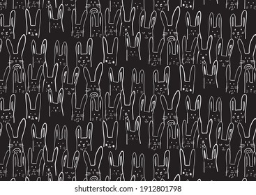 Patrón sin foco con conejos lindos. Blanco negro dibujado a mano para imprimir sobre textiles.