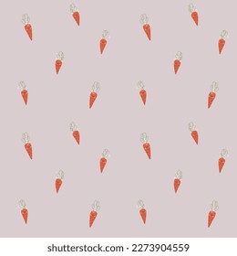 Seamless pattern with cute rabbits (hares), orange carrots in kawaii style, with additional stripes pattern with palette. Smiling hares, kind faces of rabbits with different ears and noses, rosy cheek