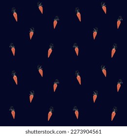 Seamless pattern with cute rabbits (hares), orange carrots in kawaii style, with additional stripes pattern with palette. Smiling hares, kind faces of rabbits with different ears and noses, rosy cheek