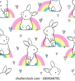 Seamless pattern cute rabbits  with heart and rainbow print design for textiles vector illustration