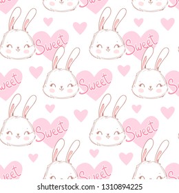 Seamless pattern with cute rabbits and hearts. Vector illustration.