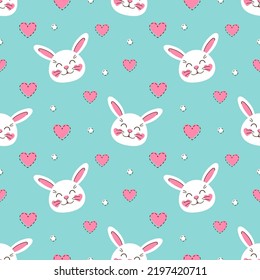 Patrón sin brillo conejos lindos con corazones sobre fondo azul. Conejo blanco y feliz. Ilustración vectorial infantil para tela, textil, papel tapiz