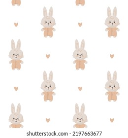 Nahtloses Muster mit süßen Kaninchen und Herzen in Pastellfarben. Kann für Textilien, Babybekleidung, Wallpaper für Kindergarten und Verpackungspapier verwendet werden. Cartoon, Vektorgrafik einzeln auf weißem Hintergrund