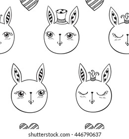 Seamless pattern with cute rabbits and hearts. Wrapping paper, cloth. Sketch, doodles, design elements. Hand drawing. Vector.