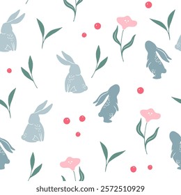 Seamless pattern with cute rabbits, leaves, flowers and berries on a white background. Springtime and Easter celebration design. Design for wallpaper, textile, poster, and greeting card.