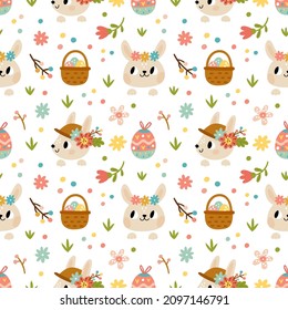 Seamless pattern cute rabbits. Little bunnies heads with flowers headbands, hats and baskets with patterned easter eggs, spring holiday. Decor textile, wrapping paper