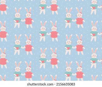 Seamless pattern with cute rabbits in love. Scandinavian happy baby bunnies in clothes with heart. Cartoon vector illustration for prints, clothing, packaging, nursery bedroom and postcards.