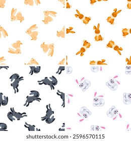 Seamless pattern with cute rabbits lying, sitting and jumping, in white, orange, beige and black