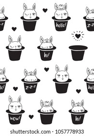 Seamless pattern with cute rabbits in a magic black cylinders and hearts for textile, wallpapers, gift wrap and scrapbook. Black and white. Vector illustration.