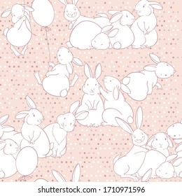 Seamless pattern with cute rabbits on polka dot background. Cartoon vector illustration. Animal background.