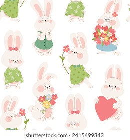 Seamless pattern with cute rabbits on whit background. Cute bunny characters for Valentines day, Easter, or Birthday decor, wrapping paper, packages, fabric or wedding invitations. Vector illustration