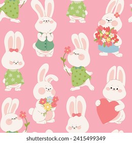 Seamless pattern with cute rabbits on pink background. Cute bunny characters for Valentines day, Easter, or Birthday decor, wrapping paper, packages, fabric or wedding invitations. Vector illustration