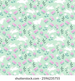 Seamless pattern with cute rabbits on spring garden design for Easter wrapping paper,fabric,textile, apparel or wallpaper,vector illustration