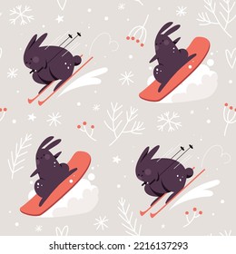 Seamless pattern with cute rabbits skiing and snowboarding. Winter active sport. Abstract background in scandinavian style.