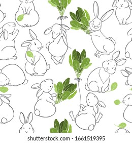 Seamless pattern with cute rabbits and spinach leaves. Cartoon vector illustration. Animal background.