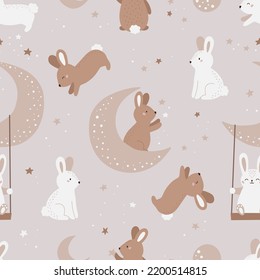 Seamless pattern with cute rabbits, stars and moon. Cartoon bunny characters. Pastel beige colors. Hand drawn animals. Perfect for nursery decoration background and textile design. Vector illustration