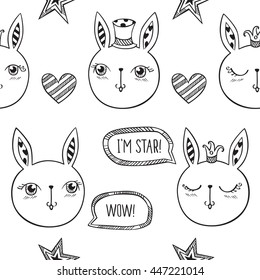 Seamless pattern with cute rabbits, stars and hearts. Wrapping paper, cloth. Sketch, doodles, design elements. Hand drawing. Vector.
