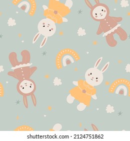 Seamless pattern with cute rabbits. Vector graphics.