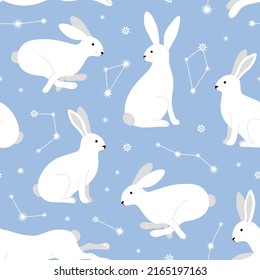 Seamless pattern with cute rabbits. White hares on a blue sky background with stars and constellations. Hare in a white winter coat in different poses. Vector illustration.