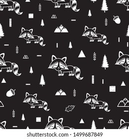 Seamless pattern with cute raccons, trees, mountains and geometric elements. Nature, tourism, hiking. All elements are  hidden under mask. Pattern are not cropped and can be edited. Autumn. Fall.