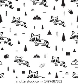 Seamless pattern with cute raccons, trees, mountains and geometric elements. Nature, tourism, hiking. All elements are  hidden under mask. Pattern are not cropped and can be edited. Autumn. Fall.