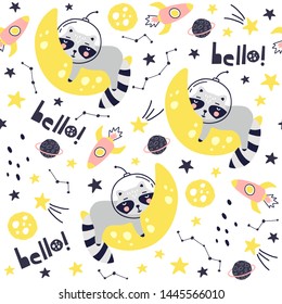 Seamless pattern with cute raccoon astronaut, planets, stars and comets. Space Background for Kids. Vector illustrations