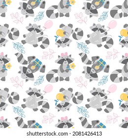 Seamless pattern - cute raccoon, balls  and leaves. Vector graphics on white background. For design the covers of notebooks, textiles, prints on childrens clothes, decorations for festive parties.